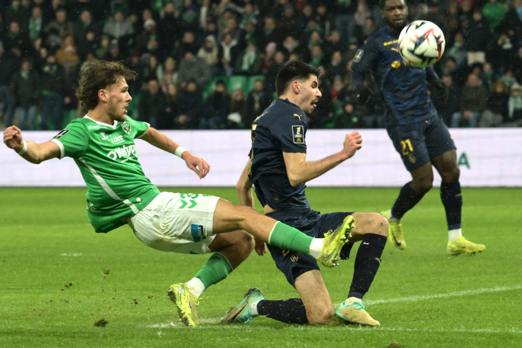Lucas Stassin takes a shot for St Etienne against Reims in France's Ligue 1