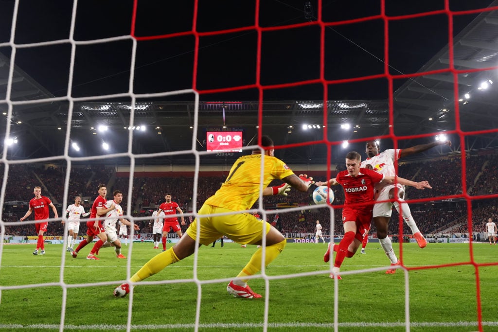 Goalkeeper Noah Atubolu in action during Sport-Club Freiburg v RB Leipzig in the Bundesliga.