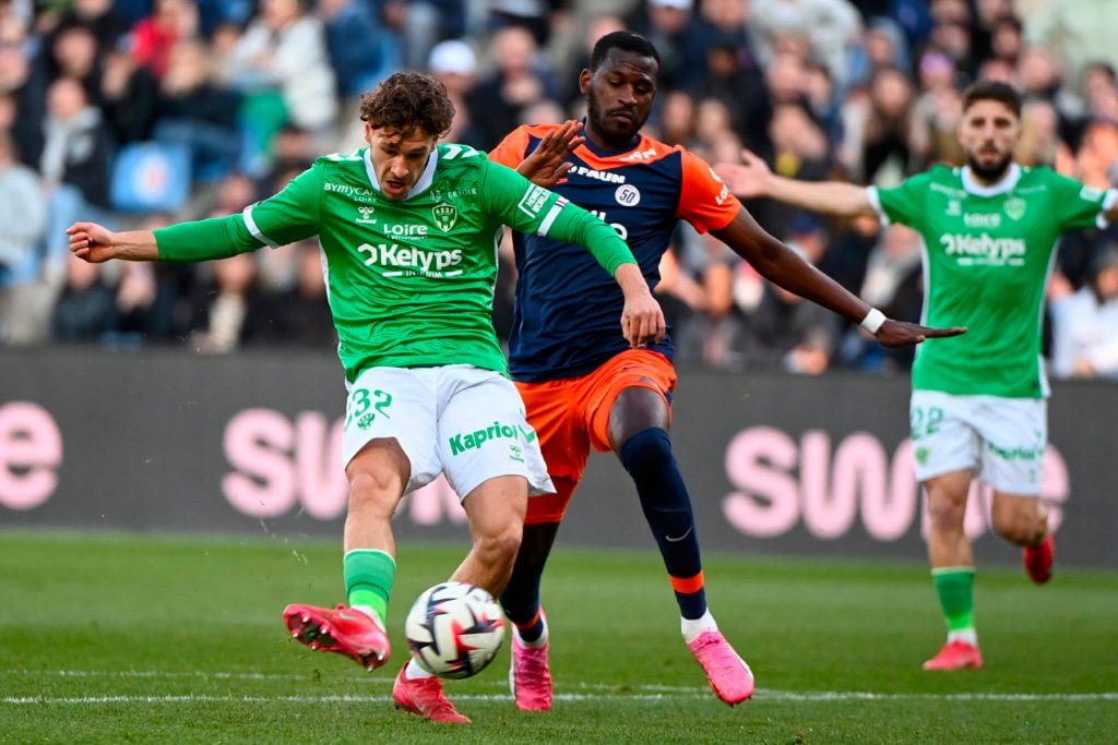 St Etienne striker Lucas Stassin takes a shot on goal - FBL-FRA-LIGUE1-MONTPELLIER-SAINT-ETIENNE