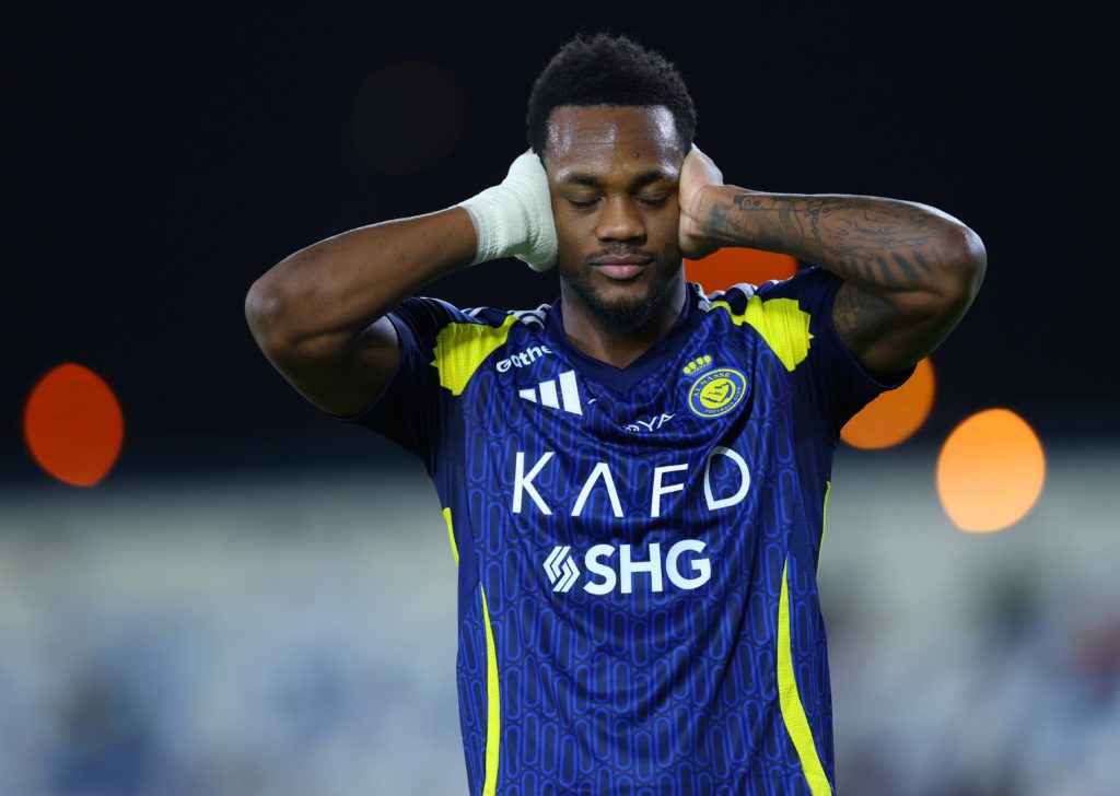Jhon Duran celebrates during Al Okhdood v Al Nassr in the Saudi Pro League