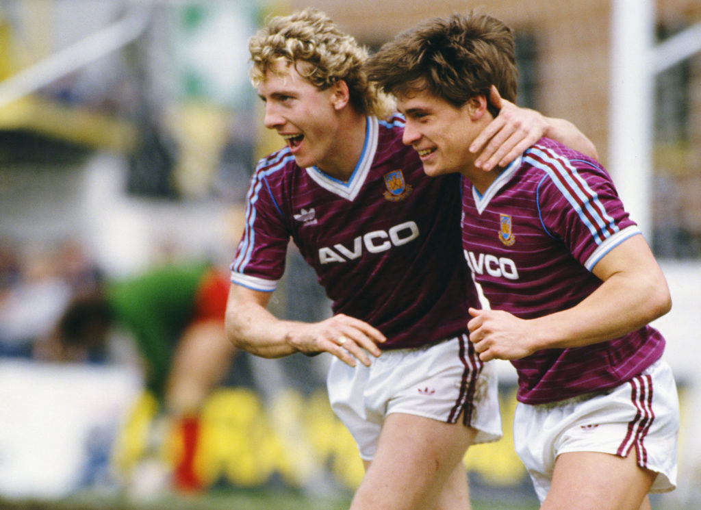 Frank McAvennie and Tony Cottee in action for West Ham United vs Watford