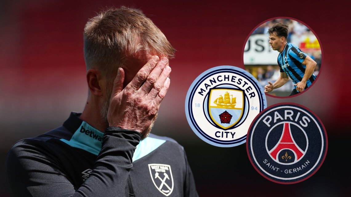 Main image, Graham Potter, Manager of West Ham United, reacts as he inspects the pitch prior to the Premier League match between Manchester United ...