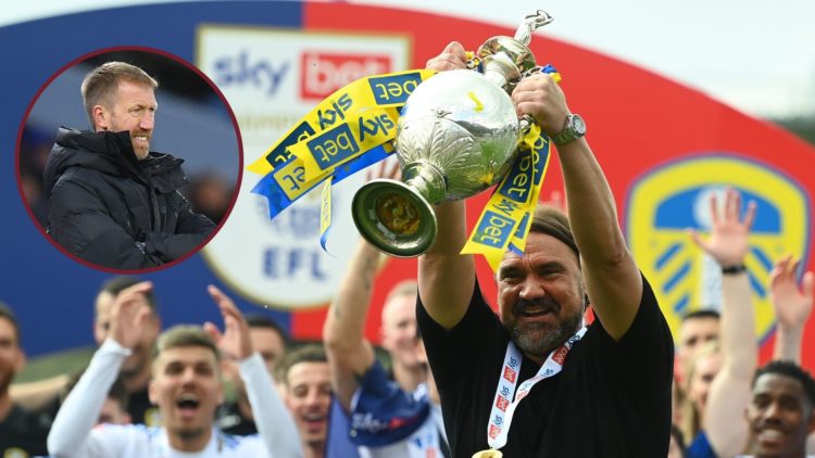 Main image, Daniel Farke, Manager of Leeds United, celebrates with the Sky Bet Championship trophy after the teams 2-1 victory, which confirmed tha...