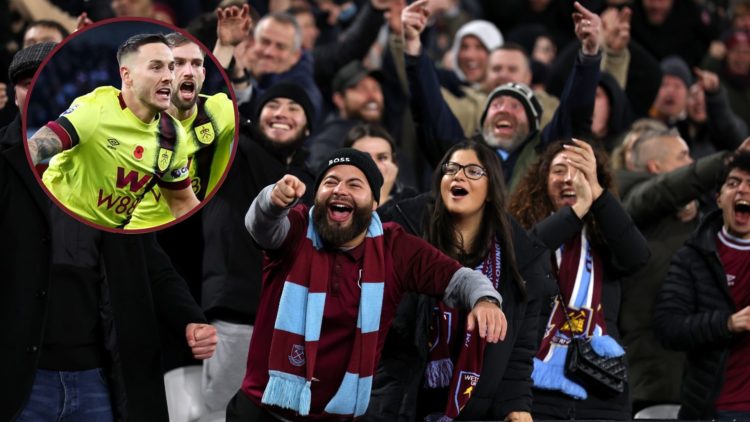 Main image, West Ham supporters gesture towards the Wolverhampton Wanderers supporters during the Premier League match between West Ham United FC a...