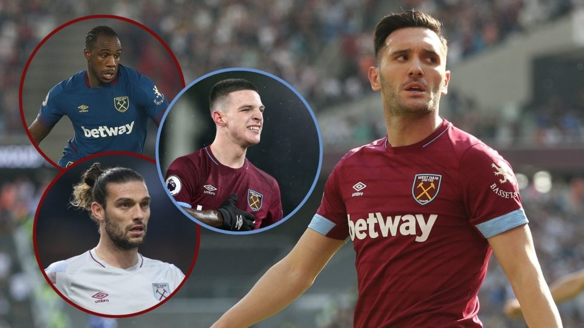 Main image, West Ham United's Lucas Perez celebrates scoring his side's second goal during the Premier League match between West Ham United and Lei...
