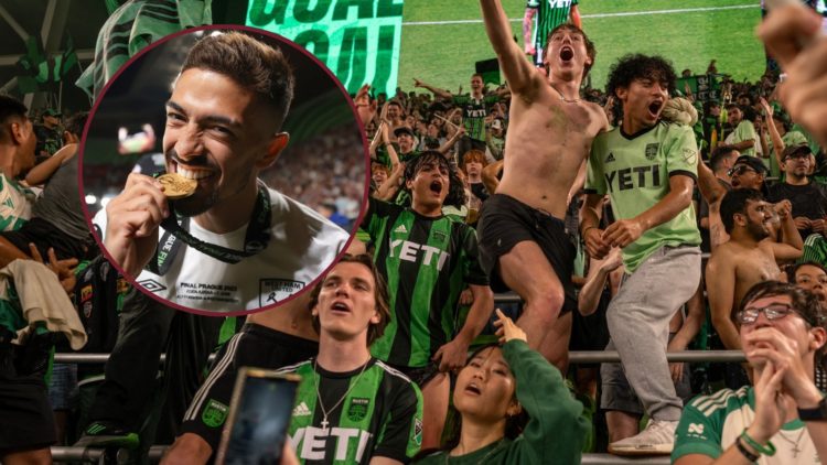 Main image, Austin FC fans celebrate after defender Guilherme Biro #29 scores a goal during a match against the San Jose Earthquakes at Q2 Stadium ...