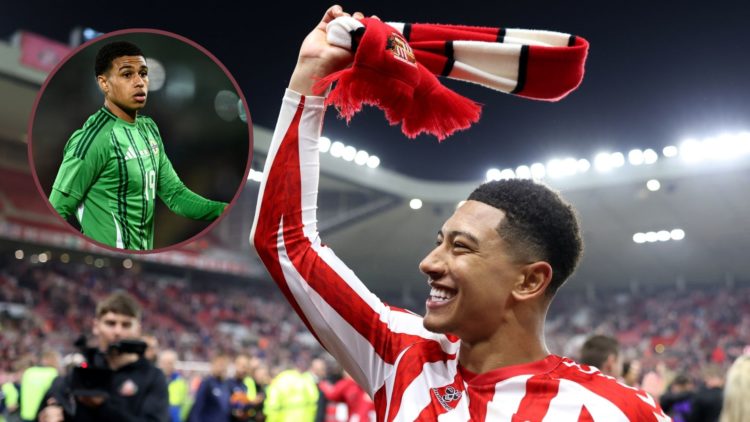 Main image, Jobe Bellingham of Sunderland waves a scarf as he celebrates after Sunderland win 3-2 on aggregate following the Sky Bet Championship P...