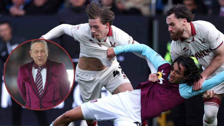 Main image, Hannibal Mejbri of Burnley is challenged by Sydie Peck and Ben Brereton Diaz of Sheffield United during the Sky Bet Championship match ...