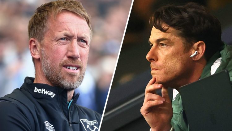 West Ham head coach Graham Potter smiles while Burnley manager Scott Parker looks dejected