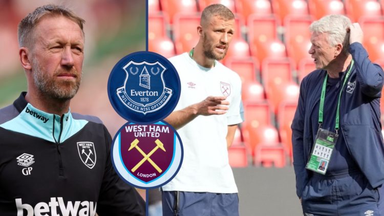 West Ham head coach Graham Potter and midfielder Tomas Soucek with David Moyes. Inset, West Ham and Everton badges