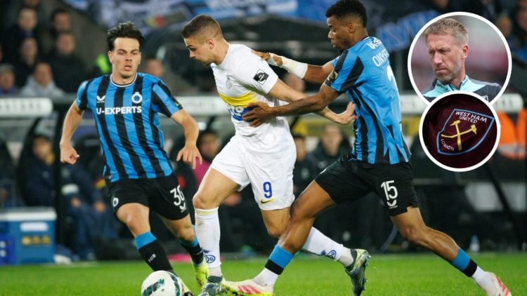 Club Brugge midfield duo Ardon Jashari and Raphael Onyedika. Inset, West Ham head coach Graham Potter.