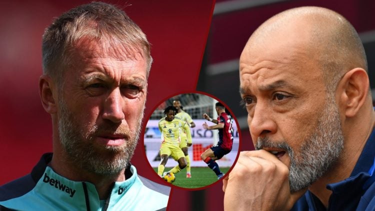 Split image showing West Ham manager Graham Potter, Juventus winger Samuel Mbangula, and Nottingham Forest coach Nuno Esprito Santo