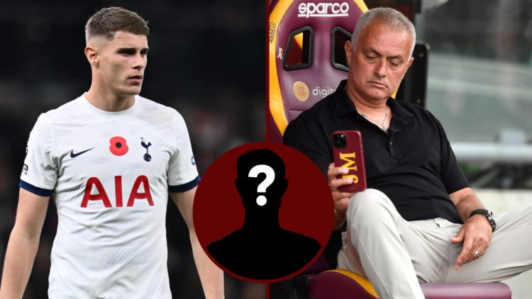 Split image showing Tottenham Hotspur defender Micky van de Ven and Jose Mourinho at Roma