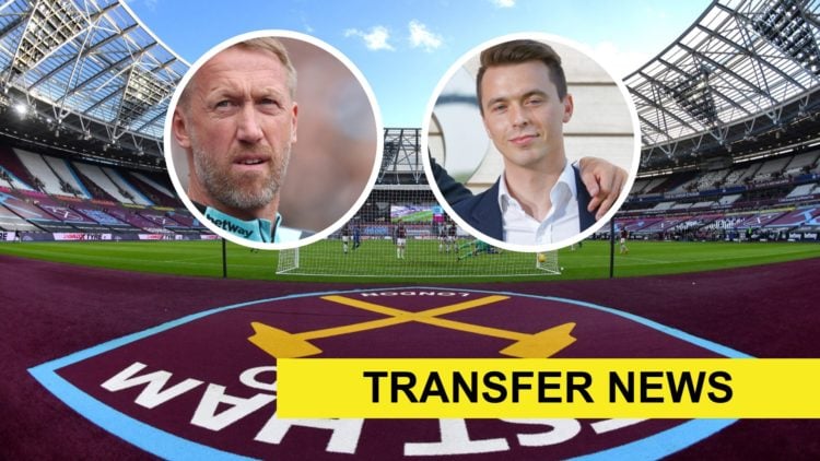 Inside West Ham's London Stadium. Inset, Hammers head coach Graham Potter and head of recruitment Kyle Macaulay