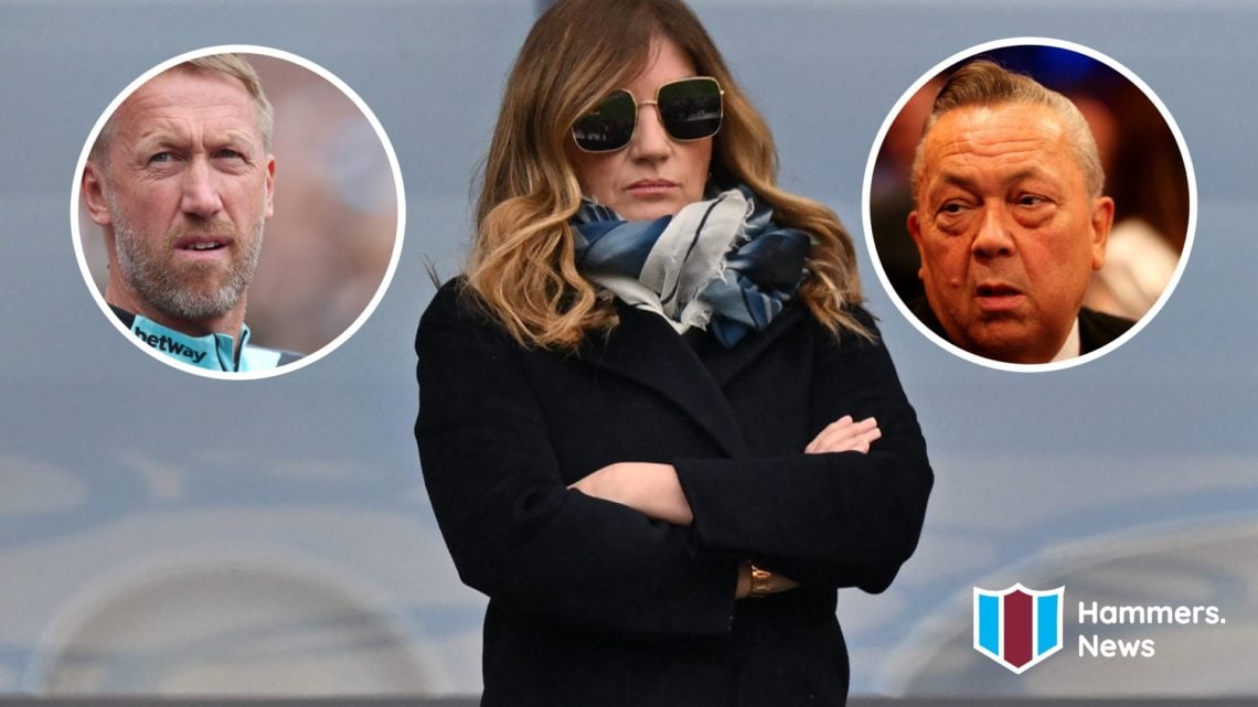 West Ham vice-chair Karren Brady watches on. Inset, Hammers head coach Graham Potter and majority owner David Sullivan