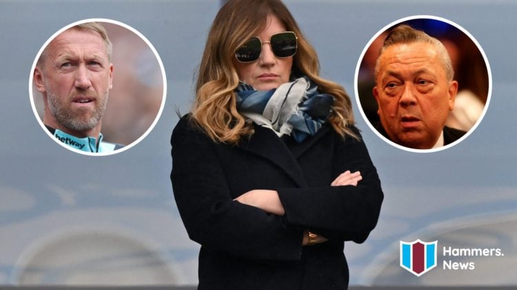 West Ham vice-chair Karren Brady watches on. Inset, Hammers head coach Graham Potter and majority owner David Sullivan