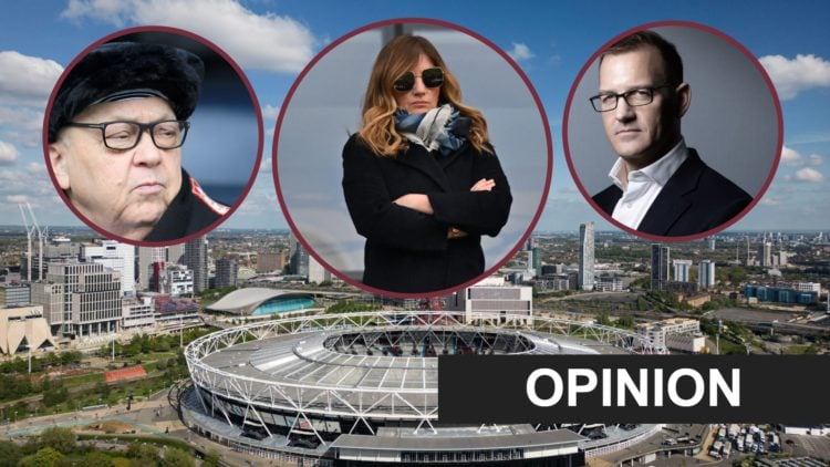 An aerial view of West Ham's London Stadium. Inset, Co-owners David Sullivan and Daniel Kretinsky either side of vice-chair Karren Brady