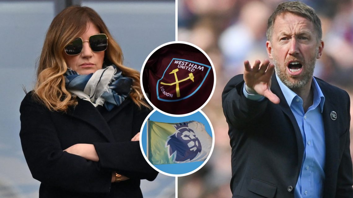 West Ham vice-chair Karren Brady and head coach Graham Potter. Inset, the Hammers and Premier League crests