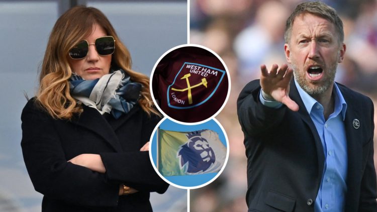 West Ham vice-chair Karren Brady and head coach Graham Potter. Inset, the Hammers and Premier League crests