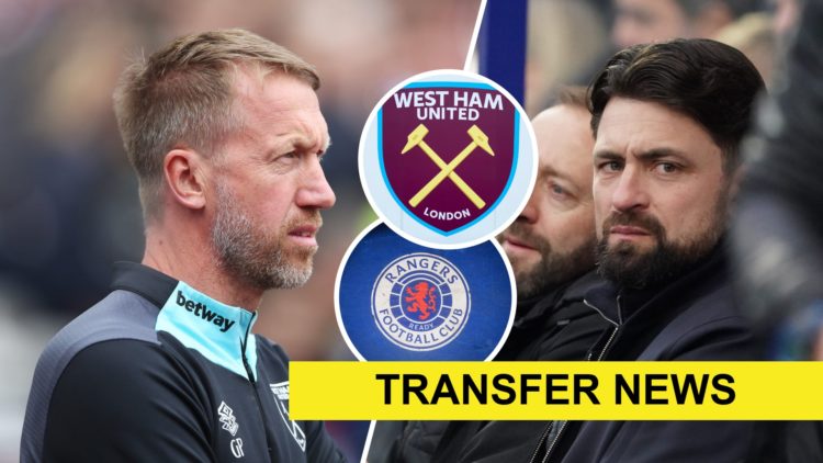 West Ham head coach Graham Potter watches on from the sidelines and Russell Martin takes his seat in the dugout. Inset, the West Ham and Rangers cr...