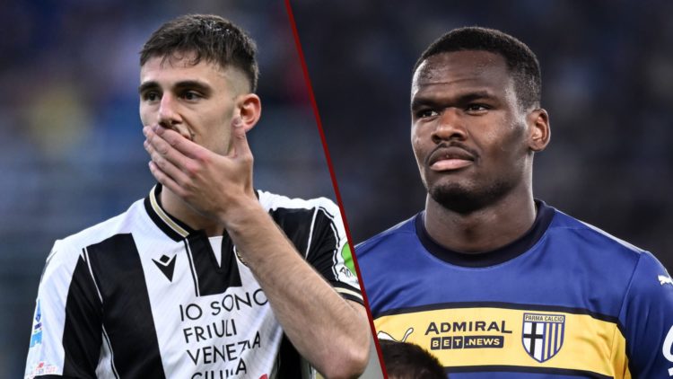 Split image showing Udinese striker Lorenzo Lucca and Parma forward Ange-Yoan Bonny