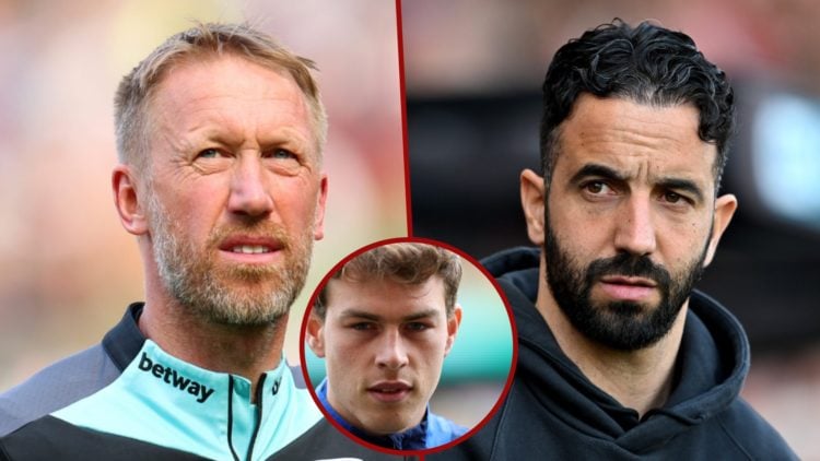Split image showing West Ham coach Graham Potter, Manchester United coach Ruben Amorim, and Leicester City goalkeeper Mads Hermansen