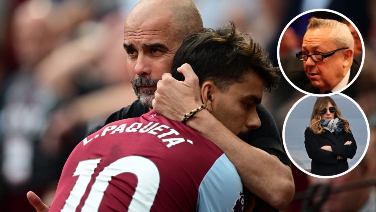 Man City boss Pep Guardiola shares a warm embrace with West Ham star Lucas Paqueta after his collapsed move to the Etihad. Inset, West Ham majority...