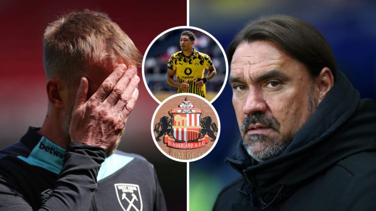 West Ham boss Graham Potter looks dejected as Leeds manager Daniel Farke looks on intently. Inset, Borussia Dortmund star Jobe Bellingham and the S...