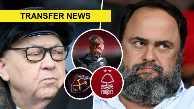 West Ham majority owner David Sullivan and Nottingham Forest chief Evangelos Marinakis watch on from the stands. Inset, a dejected Hammers head coa...