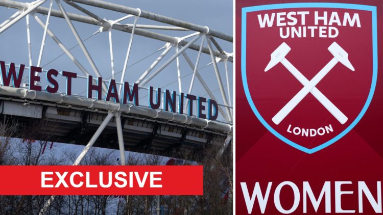 A general view of West Ham's London Stadium and the club crest for the West Ham women's team