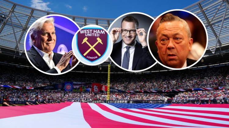 A USA flag inside the London Stadium. Inset, West Ham co-owners Daniel Kretinsky and David Sullivan and Guggenheim CEO Mark Walter