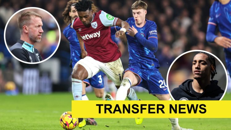 Mohammed Kudus takes on Cole Palmer in West Ham's Premier League clash with Chelsea. Inset, Hammers head coach Graham Potter watches on and striker...