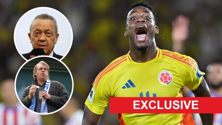 Jhon Duran celebrates scoring for Colombia. Inset, West Ham majority owner David Sullivan is interviewed on Sky Sports and Chelsea co-owner Todd Bo...