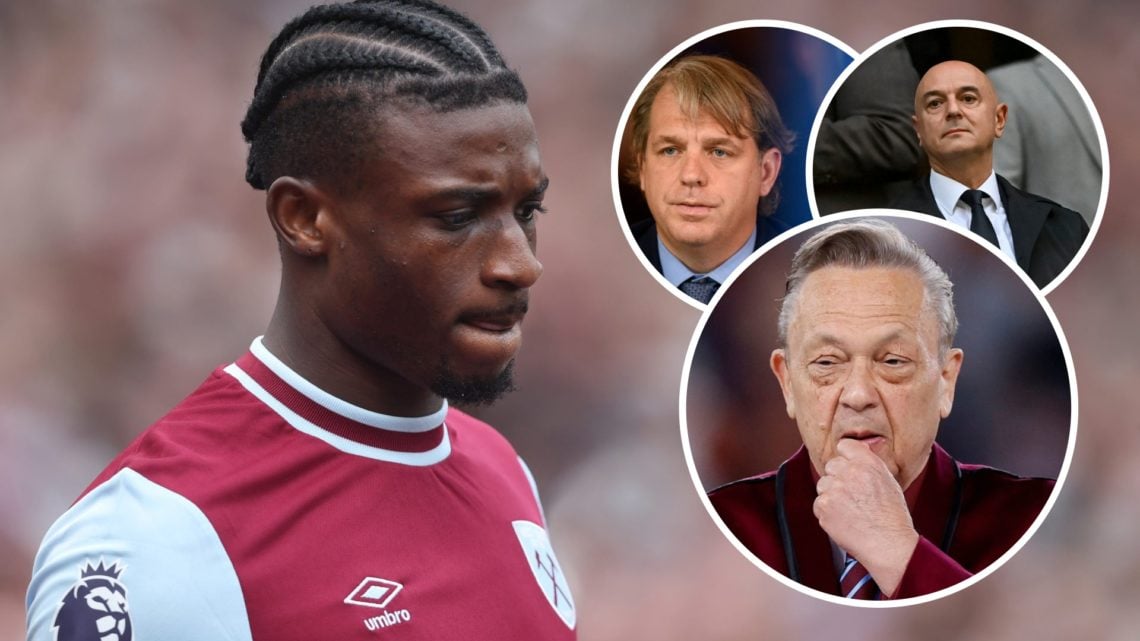 West Ham star Mohammed Kudus looks focused. Inset, Chelsea co-owner Todd Boehly, Spurs chairman Daniel Levy and Hammers chief David Sullivan/