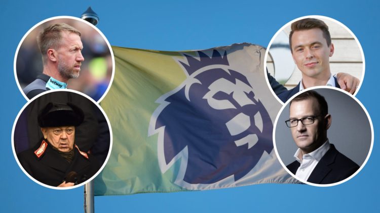 The Premier League flag at full mast. Inset, West Ham's key figures, manager Graham Potter, majority owner David Sullivan, head of recruitment Kyle...