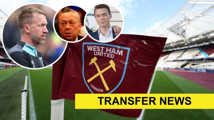 A West Ham corner flag inside the London Stadium. Inset, Hammers head coach Graham Potter, majority owner David Sullivan and head of recruitment Ky...