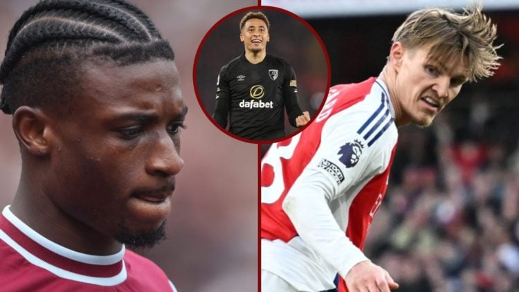 Split image showing West Ham ace Mohammed Kudus, Arsenal captain Martin Odegaard, and AFC Bournemouth midfielder Marcus Tavernier