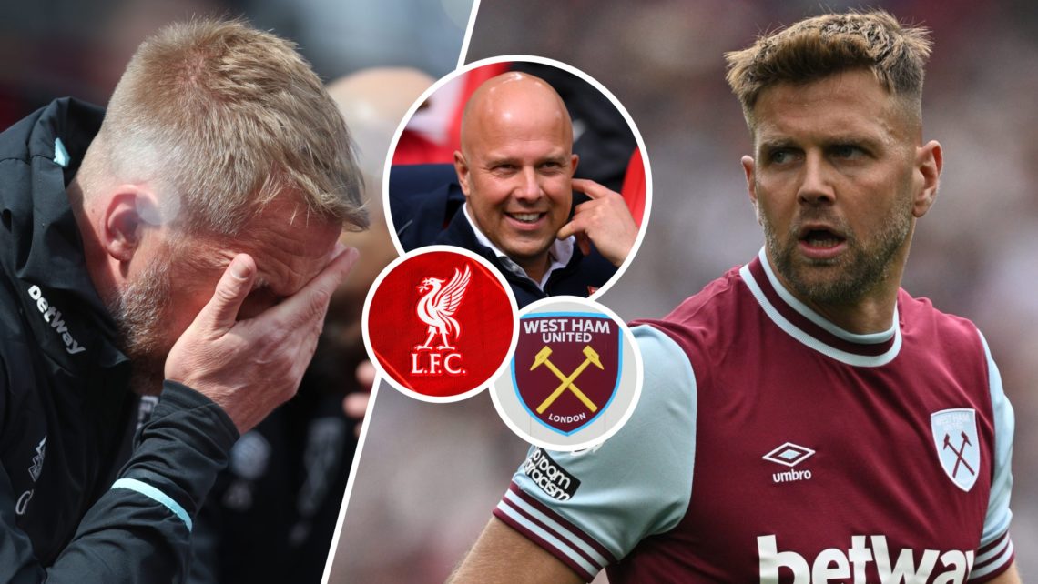West Ham boss Graham Potter with his head in his hands and Hammers striker Niclas Fullkrug. Inset, Liverpool manager Arne Slot and the Liverpool an...