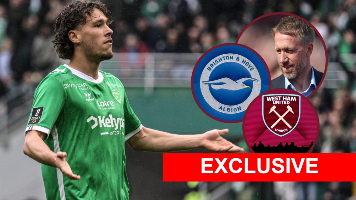 AS Etienne striker Lucas Stassin. Inset, West Ham head coach Graham Potter and Hammers and Brighton badges