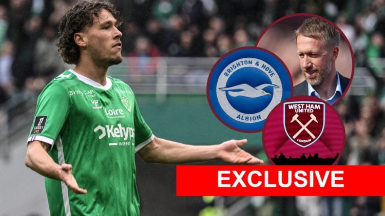 AS Etienne striker Lucas Stassin. Inset, West Ham head coach Graham Potter and Hammers and Brighton badges