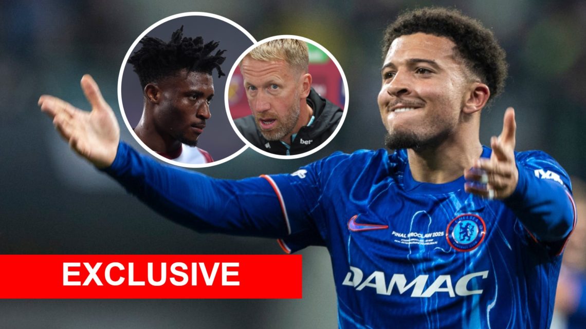 Jadon Sancho on loan at Chelsea. Inset, West Ham head coach Graham Potter and star Mohammed Kudus