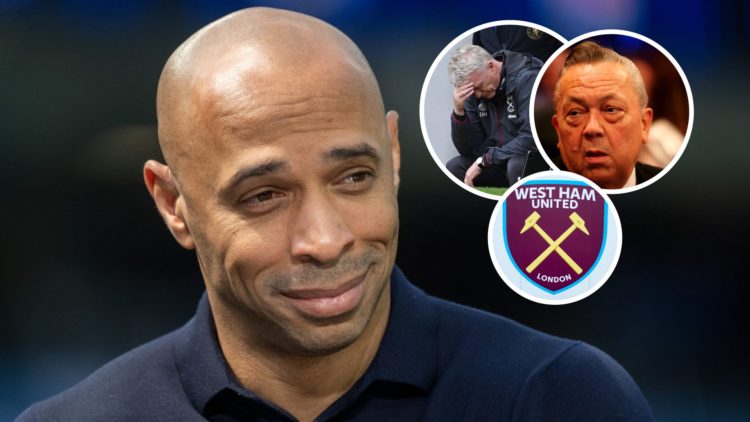 Football great Thierry Henry. Inset, ex West Ham boss David Moyes, Hammers co-owner David Sullivan and the club's badge