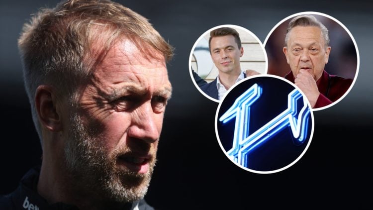 West Ham head coach Graham Potter. Inset, Hammers head of recruitment Kyle Macaulay and majority owner David Sullivan.