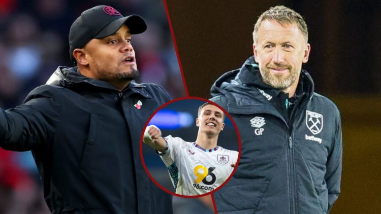 Split image showing Bayern Munich coach Vincent Kompany, West Ham manager Graham Potter, and Burnley defender Maxime Esteve