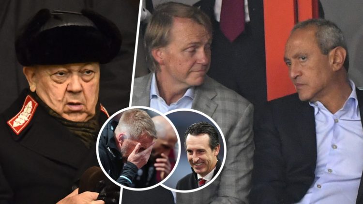 West Ham chief David Sullivan and Aston Villa's owners. Inset, Hammers head coach Graham Potter and Villa boss Unai Emery