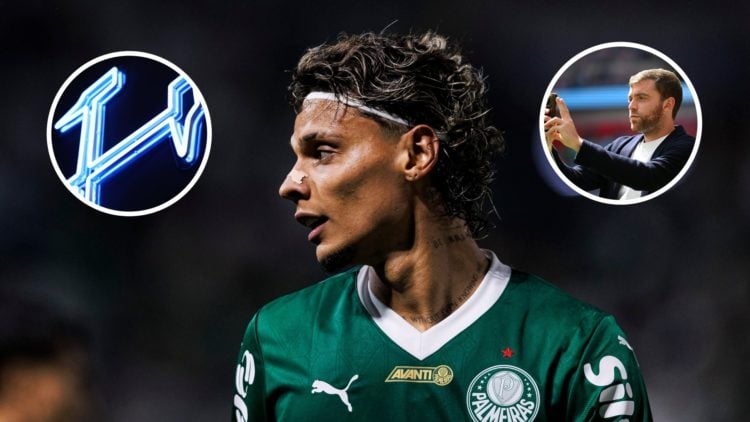 Palmeiras midfielder Richard Rios. Inset, transfer reporter Fabrizio Romano and the West Ham crest