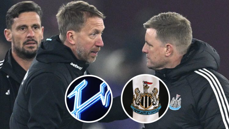 West Ham head coach Graham Potter greets Newcastle boss Eddie Howe. Inset, West Ham and Newcastle badges