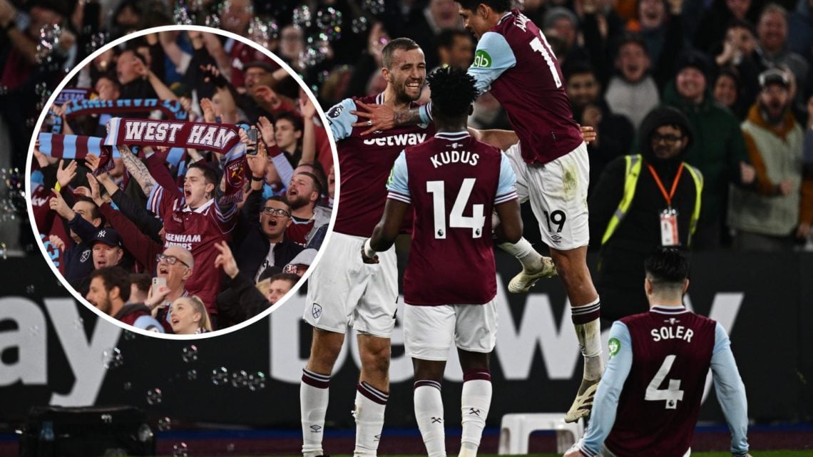 West Ham players including Carlos Soler celebrate. Inset, West Ham fans