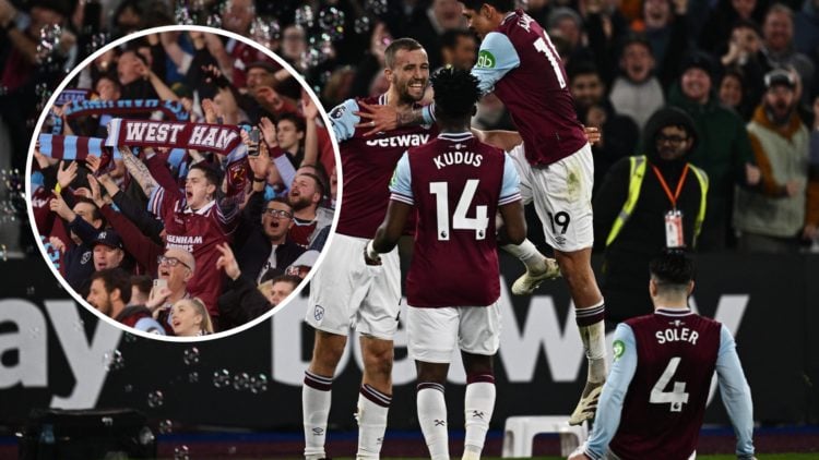 West Ham players including Carlos Soler celebrate. Inset, West Ham fans