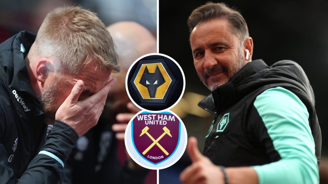 West Ham head coach Graham Potter looks dejected and Wolves boss Vitor Pereira gives the thumbs up. Inset, West Ham and Wolves badges